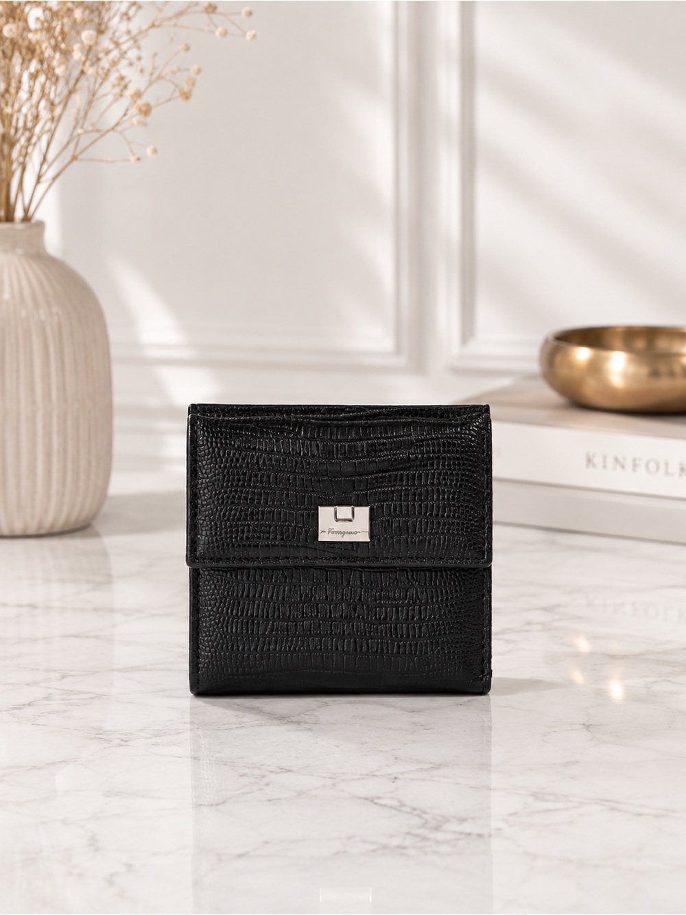 Salvatore Ferragamo Black Snake Embossed Leather Trifold Wallet Full Set